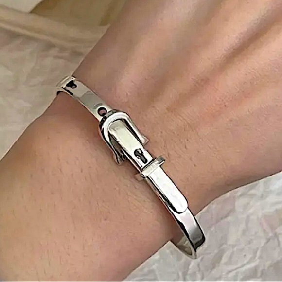Sterling Silver Buckle Bracelet Bangle Adjustable Unisex Belt Geometric - Picture 1 of 6